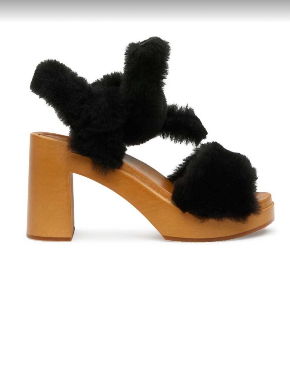 Swedish Hasbeens Black Fur Fluff Open Toe WoodenHeel Platform Sandal 41*Like New